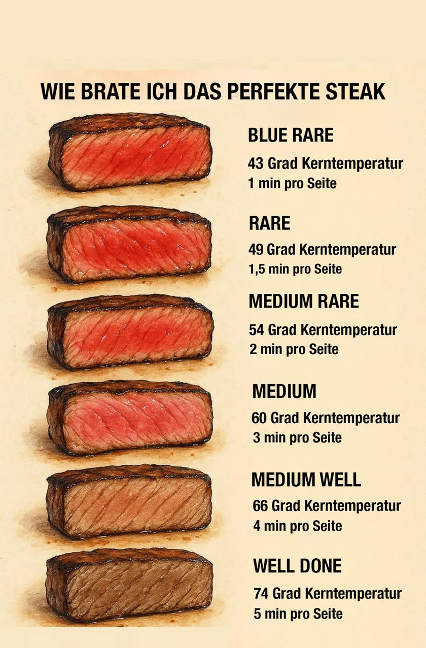 Kerntemperaturen vom Steak: blue rare 43 Grad bis well done 74 Grad